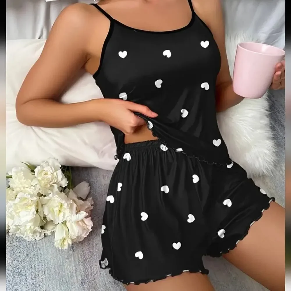 Black Heart Print Pajama Set – Stretchy Casual Sleepwear & Cozy Loungewear XL